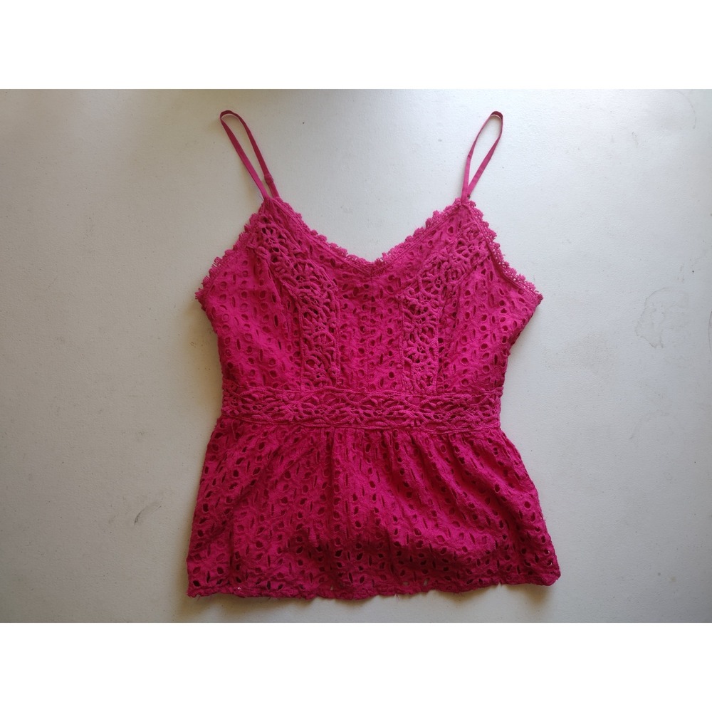 Japra Hot Pink Eyelet Cotton Peplum Cami Top Smocked Back Womens Medium